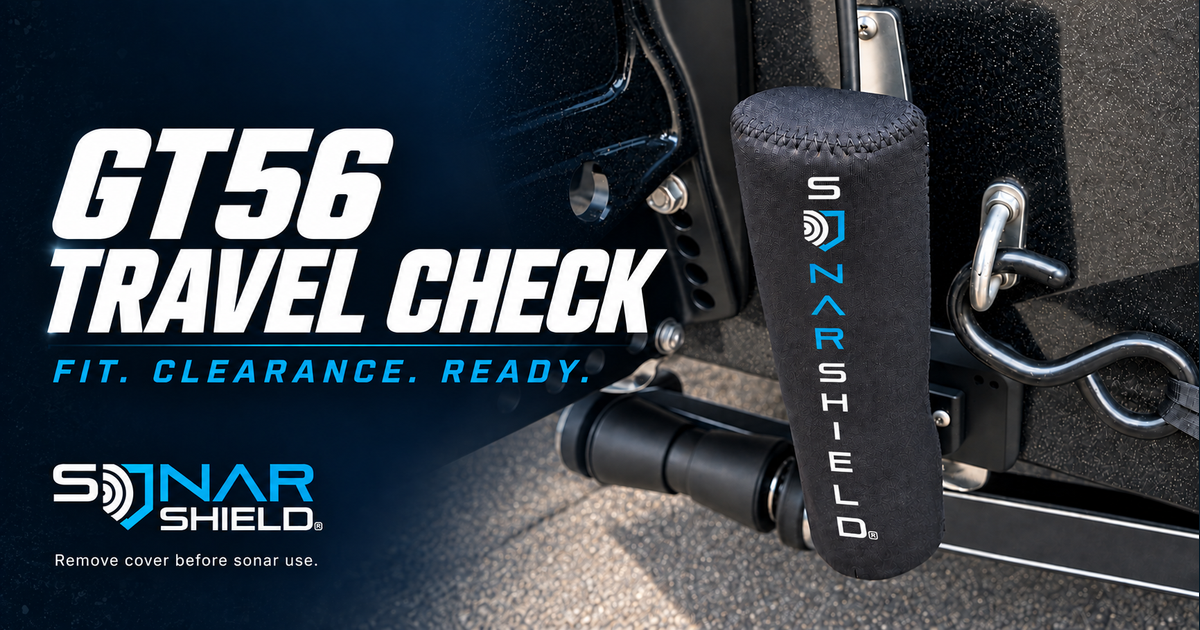 Sonar Shield GT56 transducer travel cover shown in full on a boat, with vertical Sonar Shield branding and fit and clearance reminders.