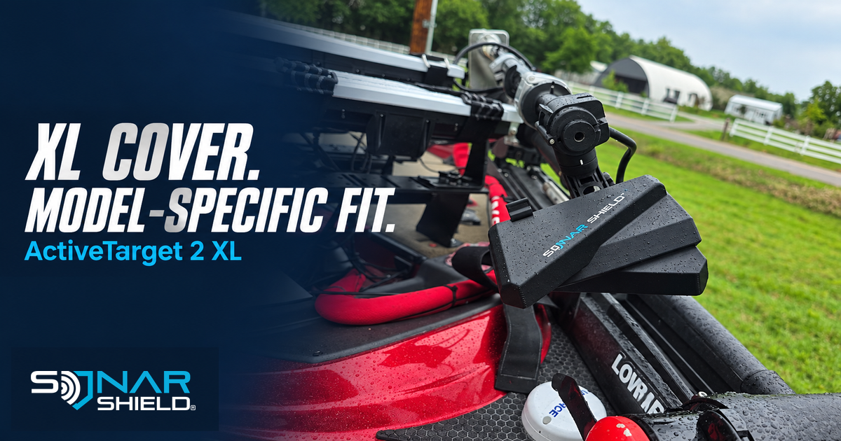 Sonar Shield ActiveTarget 2 XL cover installed on a red bass boat, with model-specific fit headline.