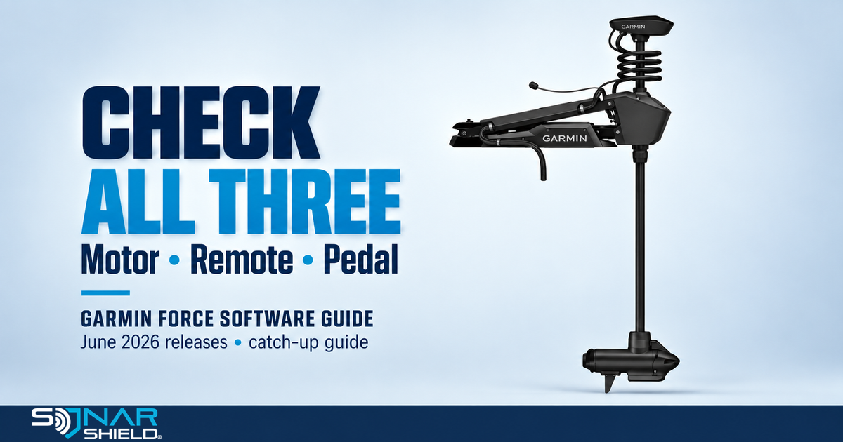 Garmin Force trolling motor shown in full beside Check All Three: Motor, Remote, Pedal, with June 2026 catch-up guide label.